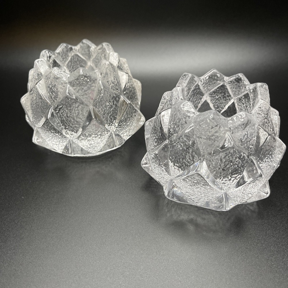 Orrefors Sweden Crystal Art Glass Firefly Artichoke Votive Candle Holder Set